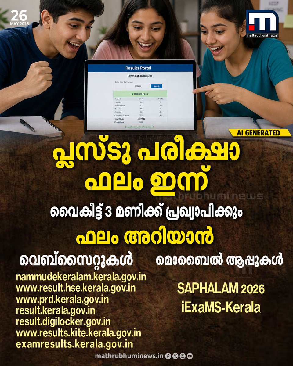 mathrubhuminews's tweet photo. പ്ലസ്ടു പരീക്ഷാ ഫലം ഇന്ന്; വൈകീട്ട് 3 മണിക്ക് പ്രഖ്യാപിക്കും 
#PlusTwoResult #PlusTwoExamResult #Plustwo #Result https://t.co/CgJwKM3Ld5