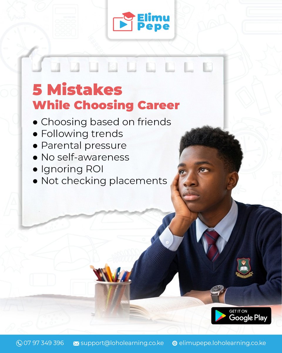 LoHoLearning's tweet photo. Don’t let common mistakes decide your future!

Choosing a career is one of the biggest decisions a student can make, make it wisely. 

With Elimu Pepe, students get access to learning resources, guidance, and tools that support smarter academic and career choices. https://t.co/BGdDRlBp06