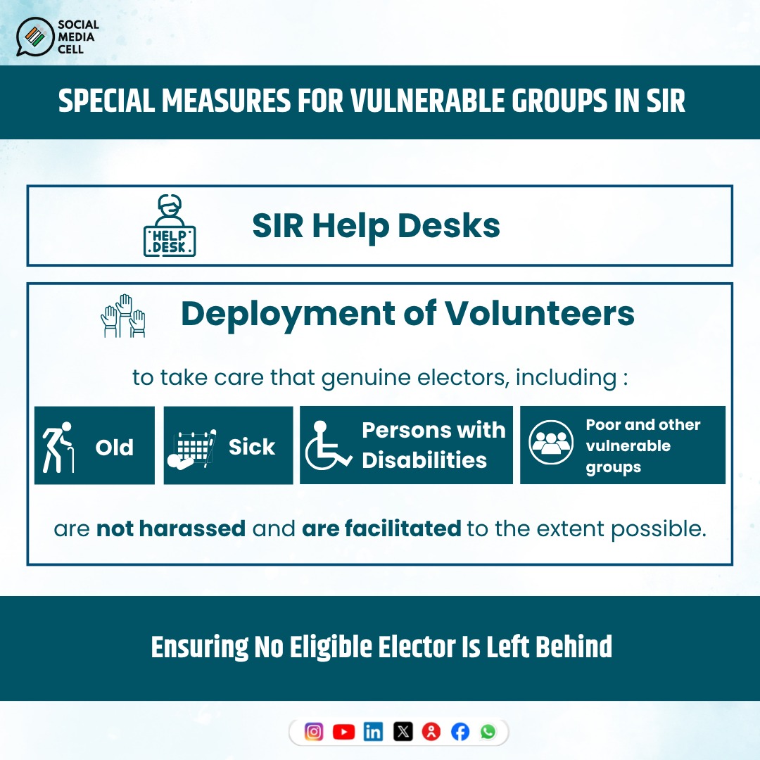 ECISVEEP's tweet photo. Special measures for vulnerable groups in SIR through Help Desks and deployment of volunteers to ensure that genuine electors, including old, sick, PwD, poor and other vulnerable groups are facilitated to the extent possible

#ECI #SIRPHASE3 https://t.co/567USuZPRx
