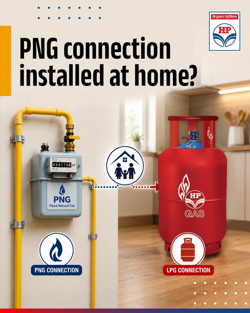 HPCL's tweet photo. Important update for households with both LPG and PNG connections.

As per the amended Liquefied Petroleum Gas (Regulation of Supply and Distribution) Order, 2026 by the Government, households that install PNG connections cannot continue the regular use of subsidized domestic LPG cylinders.

Within 30 days of getting a PNG connection, customers are required to either:
• Surrender/terminate the LPG connection, or
- Opt for a Transfer Voucher to keep the LPG connection available for future use in non-PNG areas.

The new guidelines are effective from 25th May 2026. Citizens are requested to stay informed and comply with the revised regulations for smooth and transparent distribution practices.

@HardeepSPuri @PetroleumMin @TheSureshGopi @Secretary_MoPNG @neerajmittalias

#HPCL #LPGUpdate #PNGConnection #EnergyAwareness #ConsumerNotice