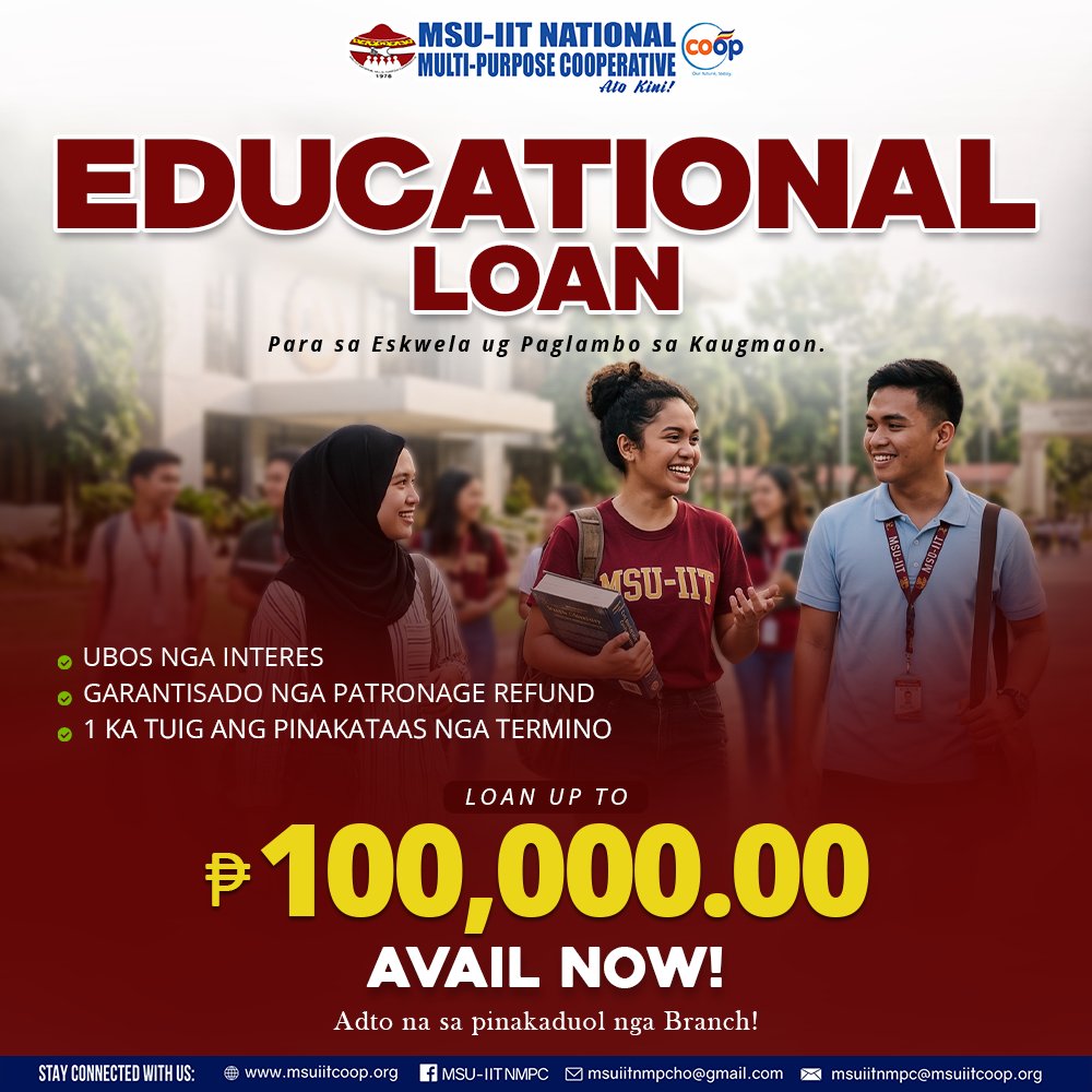 iit_coop's tweet photo. Naglisod sa gastos sa eskwela? 

Ayaw undang sa imong pangandoy! 

Sa 𝐌𝐒𝐔-𝐈𝐈𝐓 𝐍𝐌𝐏𝐂 𝐄𝐝𝐮𝐜𝐚𝐭𝐢𝐨𝐧𝐚𝐥 𝐋𝐨𝐚𝐧, pwede ka maka-loan ug hangtod ₱100,000 para sa imong pag-eskwela! 

✅ Ubos nga interes
✅ Patronage refund
✅ Up to 1 year term https://t.co/wACGKfsydU