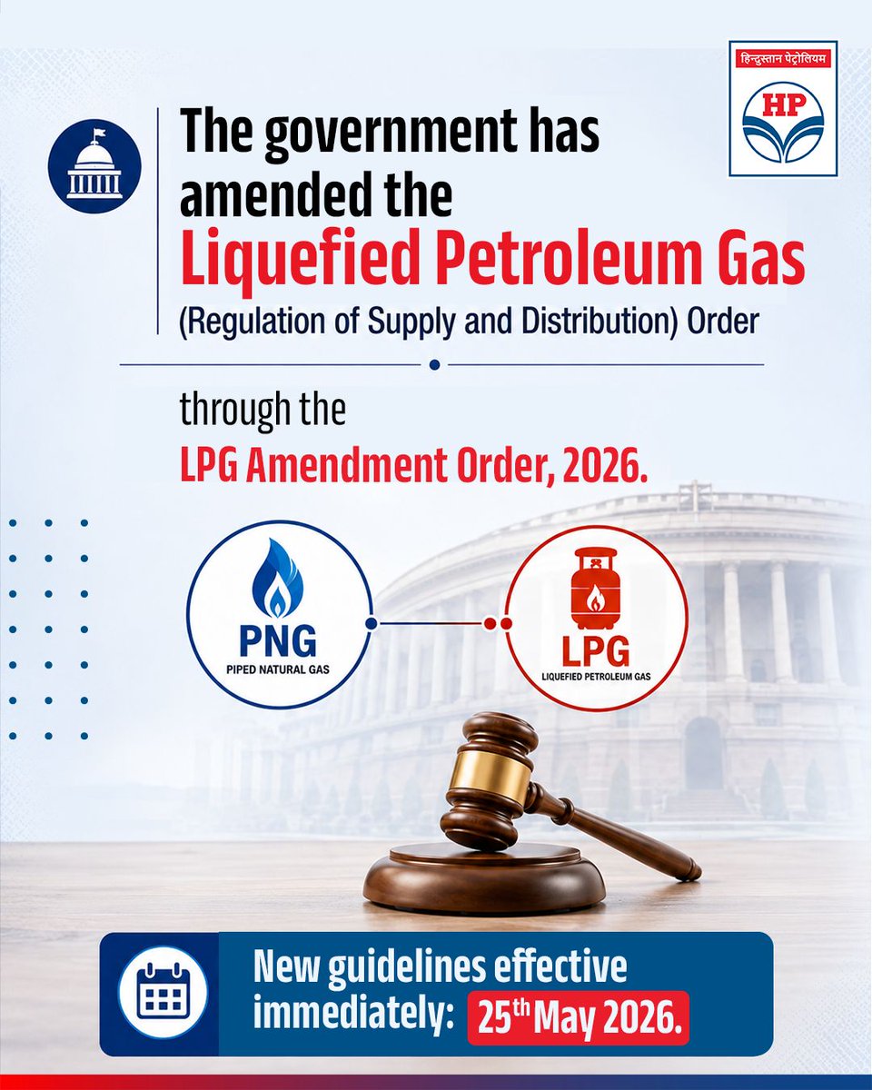 HPCL's tweet photo. Important update for households with both LPG and PNG connections.

As per the amended Liquefied Petroleum Gas (Regulation of Supply and Distribution) Order, 2026 by the Government, households that install PNG connections cannot continue the regular use of subsidized domestic LPG cylinders.

Within 30 days of getting a PNG connection, customers are required to either:
• Surrender/terminate the LPG connection, or
- Opt for a Transfer Voucher to keep the LPG connection available for future use in non-PNG areas.

The new guidelines are effective from 25th May 2026. Citizens are requested to stay informed and comply with the revised regulations for smooth and transparent distribution practices.

@HardeepSPuri @PetroleumMin @TheSureshGopi @Secretary_MoPNG @neerajmittalias

#HPCL #LPGUpdate #PNGConnection #EnergyAwareness #ConsumerNotice