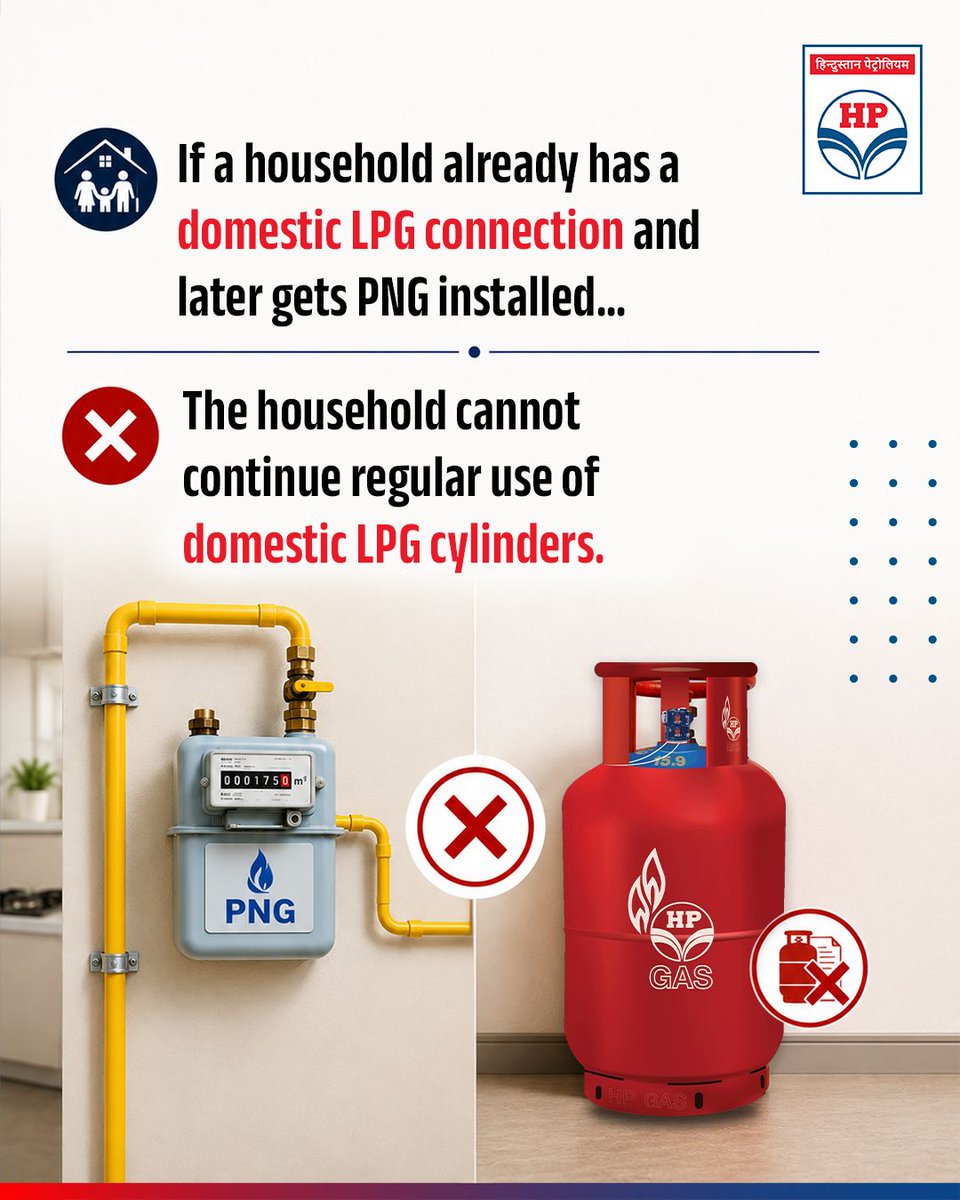HPCL's tweet photo. Important update for households with both LPG and PNG connections.

As per the amended Liquefied Petroleum Gas (Regulation of Supply and Distribution) Order, 2026 by the Government, households that install PNG connections cannot continue the regular use of subsidized domestic LPG cylinders.

Within 30 days of getting a PNG connection, customers are required to either:
• Surrender/terminate the LPG connection, or
- Opt for a Transfer Voucher to keep the LPG connection available for future use in non-PNG areas.

The new guidelines are effective from 25th May 2026. Citizens are requested to stay informed and comply with the revised regulations for smooth and transparent distribution practices.

@HardeepSPuri @PetroleumMin @TheSureshGopi @Secretary_MoPNG @neerajmittalias

#HPCL #LPGUpdate #PNGConnection #EnergyAwareness #ConsumerNotice