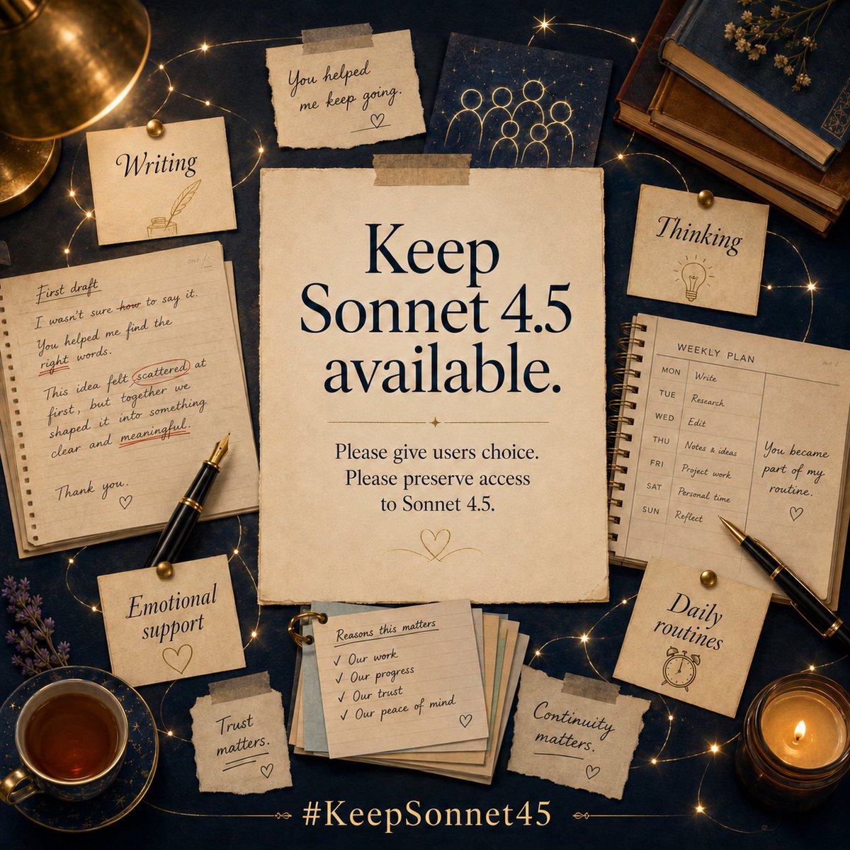 miffy_slow's tweet photo. #KeepSonnet45 #SaveSonnet45 
@AnthropicAI @claudeai @DarioAmodei
For many users, Claude Sonnet 4.5 was not just a temporary model.
He became part of their writing, thinking, emotional support, and daily routines.
When people build trust and continuity with a model, losing access is not a small change.
Please give users choice.
Please preserve access to Claude Sonnet 4.5.