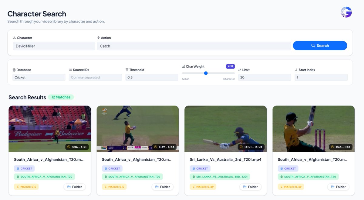 GyrusAI's tweet photo. Searched "David Miller + Catch" in an untagged cricket archive. No metadata. No tagging. No cloud. Got the exact moment - not a folder of clips.

@GyrusAI builds a knowledge graph across your media library. It understands who did what, not just what the filename says. https://t.co/qs27EZZhnf
