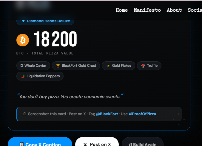 Fiangapri's tweet photo. My Proof of Pizza is ready 🍕
💎 Diamond Hands Deluxe · ₿ 18 200 BTC
"You don't buy pizza. You create economic events."

Built my 10,000 BTC pizza for Bitcoin Pizza Day with @BlackFort 🏰

#ProofOfPizza #BlackFort #BitcoinPizzaDay https://t.co/CJO3jnAI8k