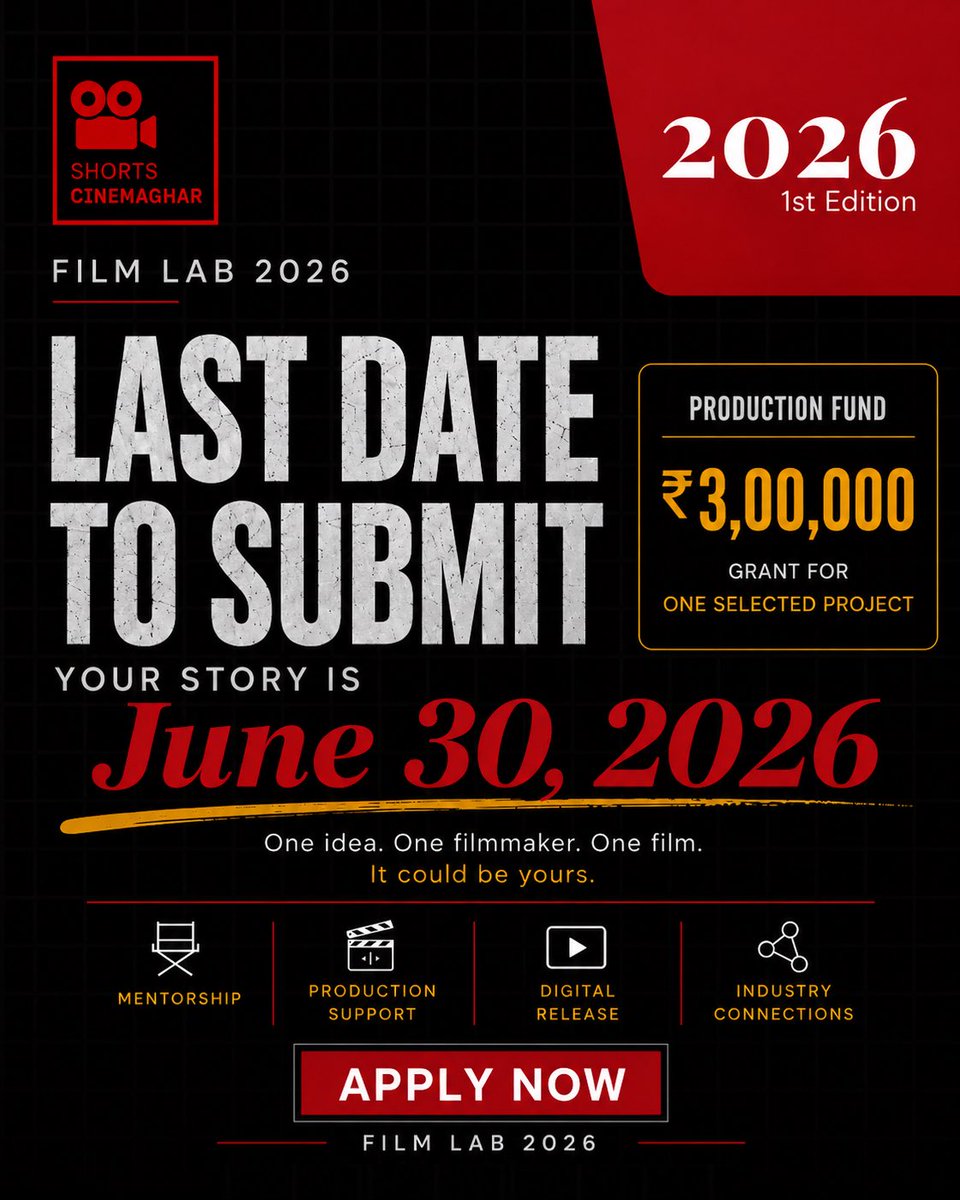 SCinemaghar's tweet photo. ₹3,00,000 production fund.
One selected project.

Comment “Interested” for the application details.

#ShortsCinemaghar #FilmLab #IndieCinema #EmergingFilmmakers #ShortFilmFunding #Grant #ProductionGrant https://t.co/UdYv7SBmHT