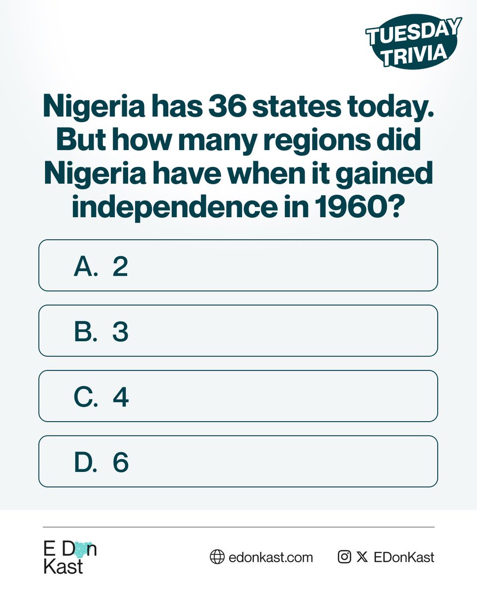 EDonKast's tweet photo. The Nigeria you know today with 36 states, didn’t start this way.

It all traces back to something much smaller than 36.

Do you know how many regions it was? 
Drop your answer below 👇

Answer drops at 6pm.

#TriviaТuesday #EdonKast https://t.co/8Ju5mmI3zA