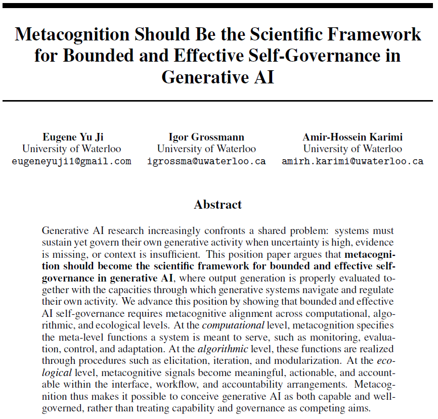 psywisdom's tweet photo. New paper with the amazing @aejj1228 @amirhkarimi_ : "Metacognition Should Be the Scientific Framework
for Bounded and Effective Self-Governance in Generative AI"
LINK: https://t.co/issfTLQHB3
#metacognition #LLM #selfgovernance https://t.co/b9sXkzhVDB