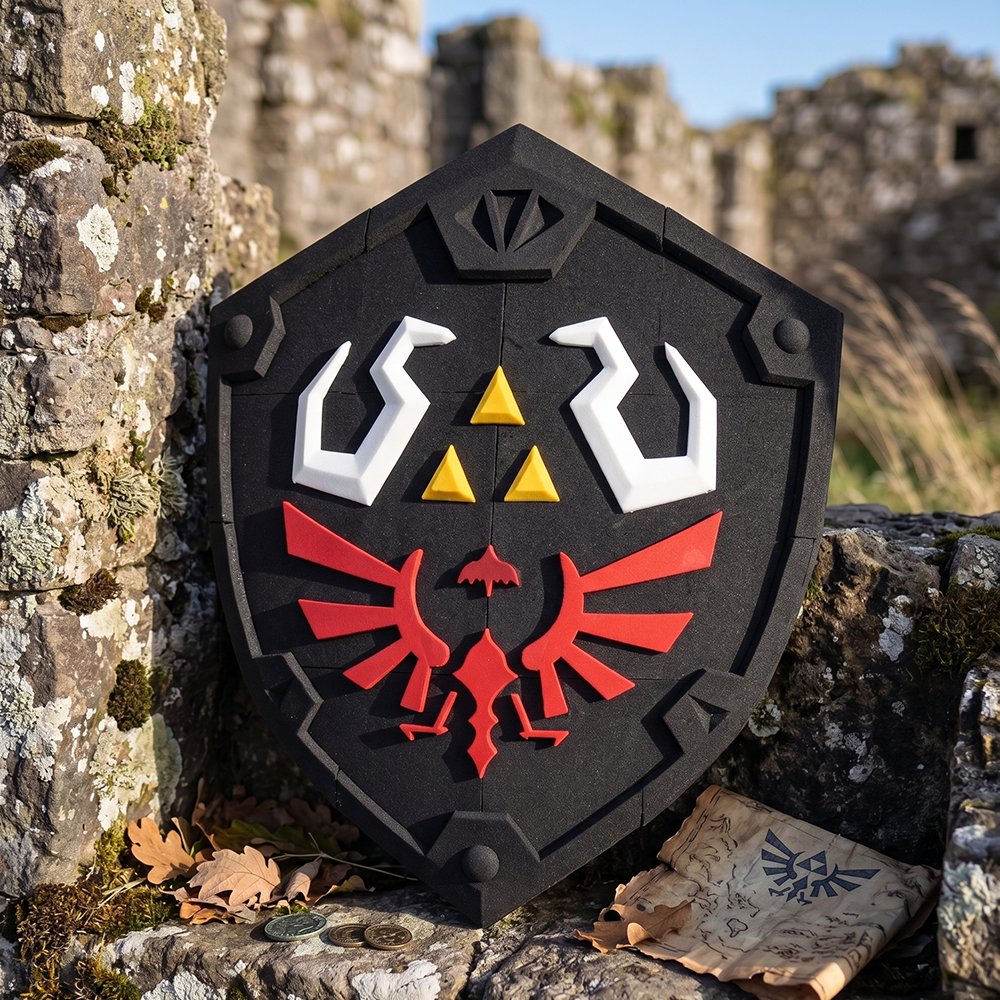 SirayaTech's tweet photo. 🛡️Hylian Shield complete! A new lightweight solution for shield props. 

Through the precise combination of PEBA Air foaming filament and PLA, it perfectly retains classic details while drastically reducing weight.

Designer: #3DMaker via #Makerworld
Printer: @BambulabGlobal H2S

#3DPrinting #Cosplay #PEBAAir #PLA #PropMaking