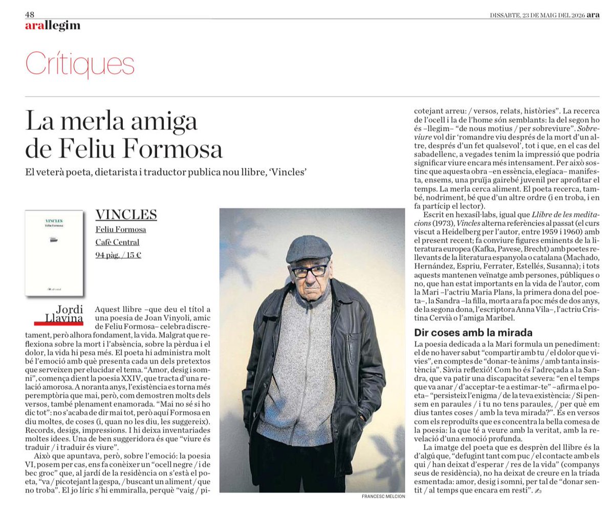 CafeCentralJS's tweet photo. Jordi Llavina sobre VINCLES de Feliu Formosa al diari @ARAllegim https://t.co/fJSLIX2Jmd