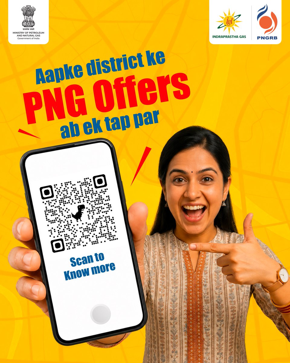 IGLConnect's tweet photo. Your districtโs PNG offers are now just a tap away!โ
Scan the QR code to explore the latest PNG connection offers, benefits, and updates in your area โ all in one place.โ
#NonStopZindagi #CleanEnergyLife #CleanEnergyMovement #PNGDrive #SwitchToPNG #SmartGasConnection #PipelineGasLife #PNGRB #DomesticPNG #SafePNG