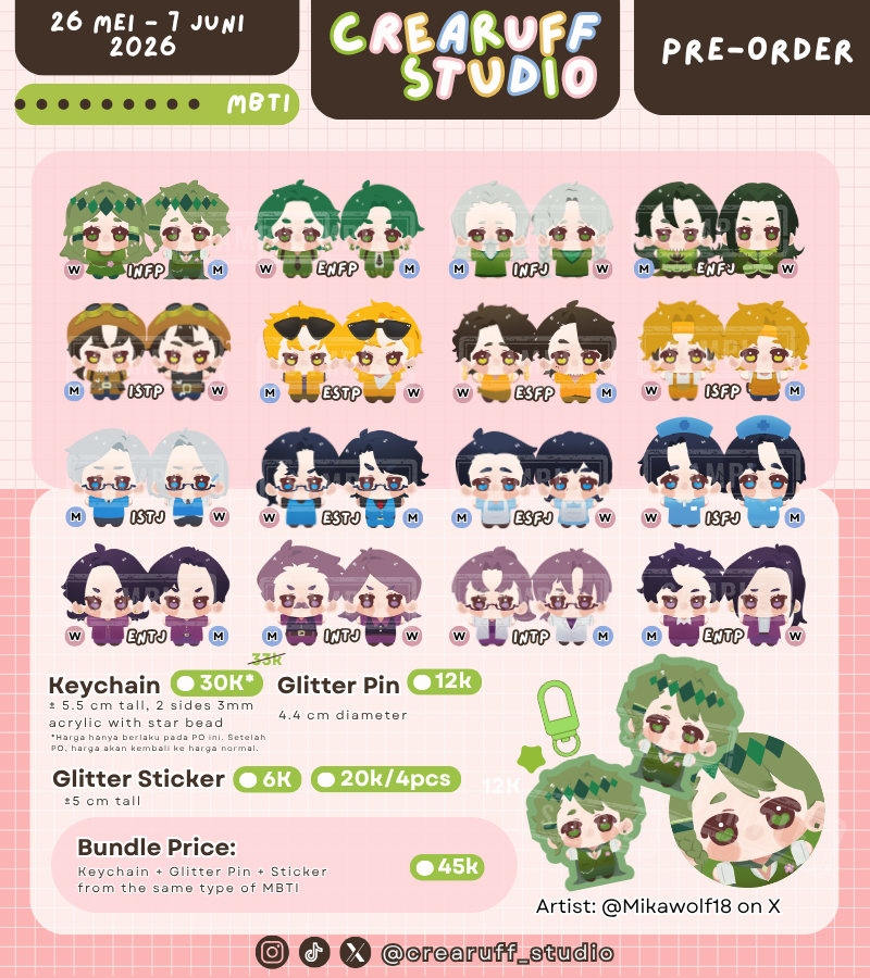 crearuff_studio's tweet photo. Crearuff Studio’s MBTI Pre-Order Catalog
#cf22 after PO pojok khusus MBTI

[💖and🔁is very appreciated]

📅Until 7 Juli 2026
📦Send from Padalarang, Bandung
📫JEENTE or CO OYEN
💳 Payment using QRIS
🔗https://t.co/rrFr0bLy67 https://t.co/UHMCka00mW