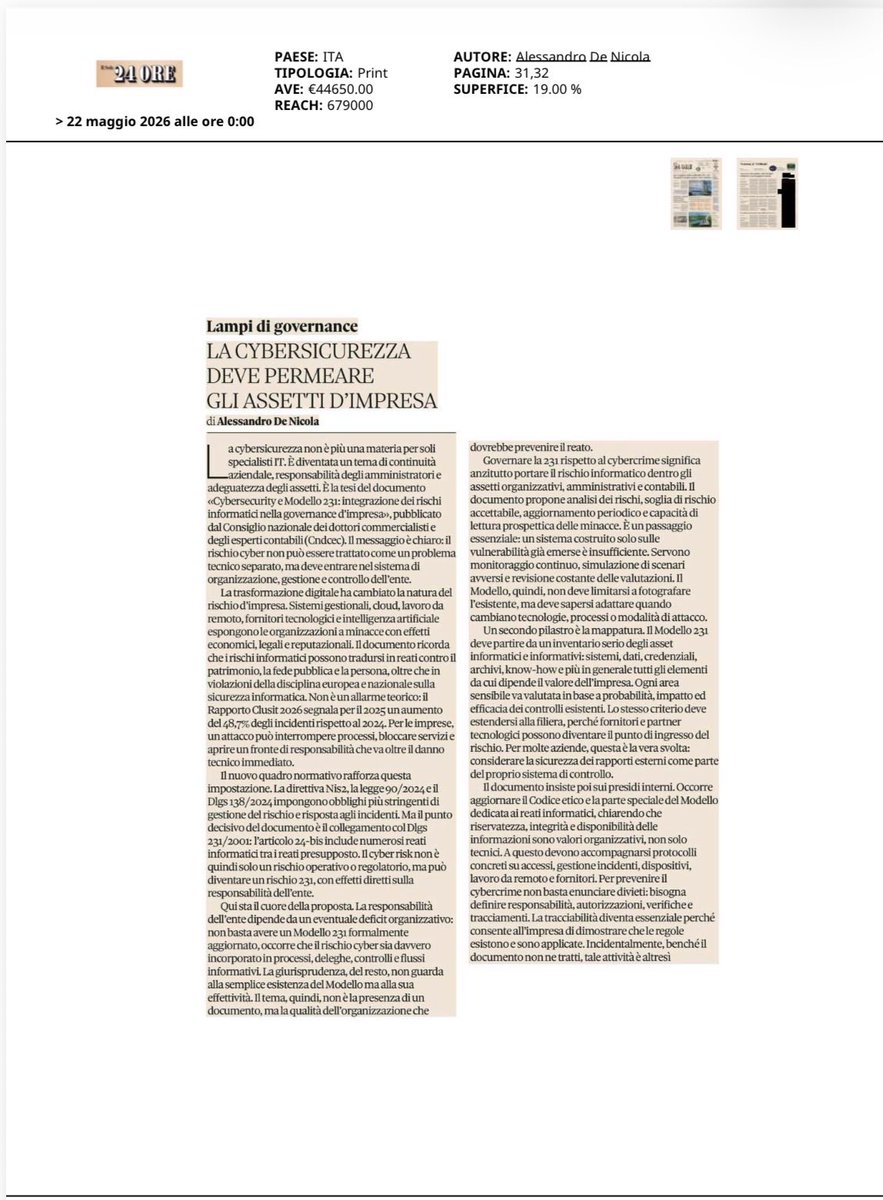 aledenicola's tweet photo. rischio informatico è uno tra i più seri per le imprese. Necessario integrare i processi di prevenzione nella governance societaria. #cybersecurity #Dlgs231 #CNDCEC @AdamSmithIT @Partito_Libdem @fleinaudi @liberinetwork @MarcoCantamessa @GiampaoloGalli @CarloStagnaro @carloalberto @Phastidio @VeroDeRomanis @ricpuglisi @guidogentili1