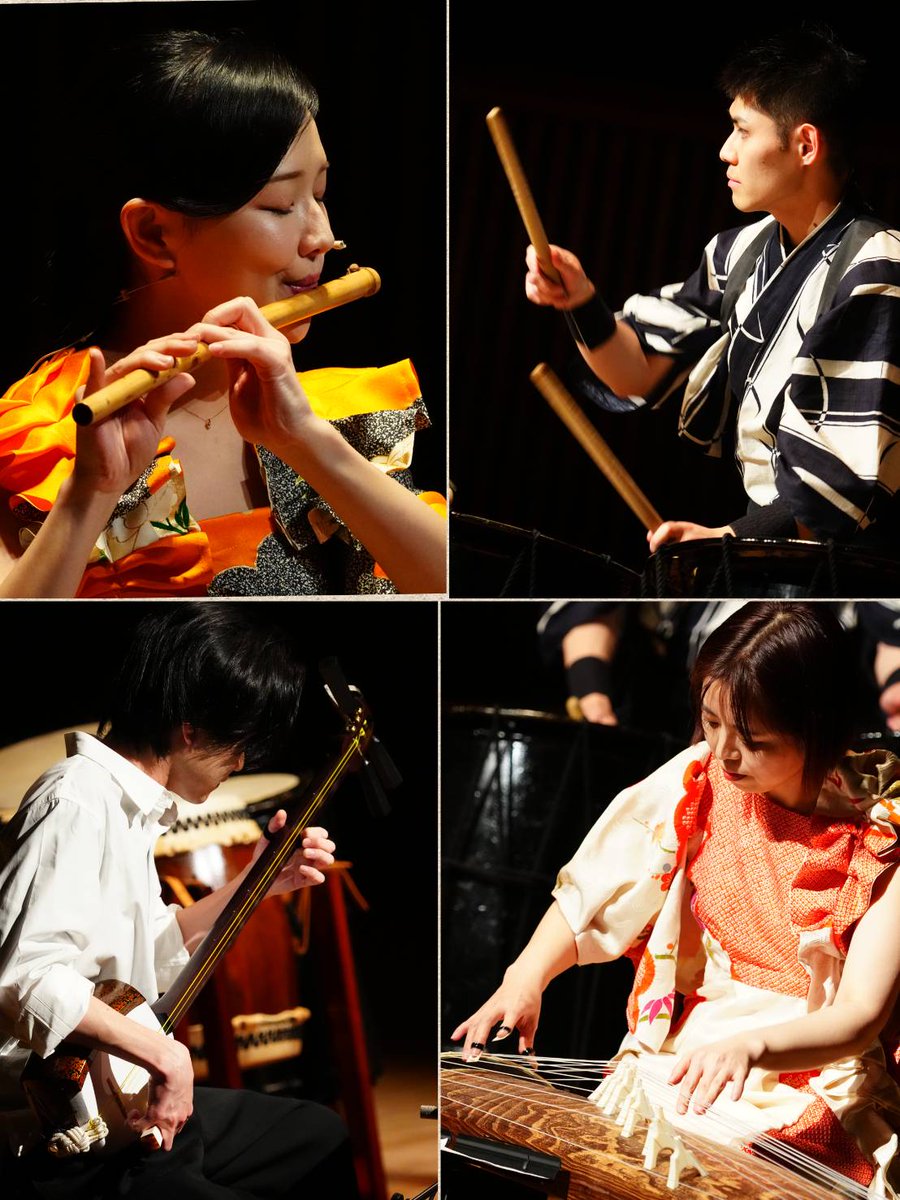 Marc_hifi's tweet photo. ✨音結び～おむすび～2026✨
岩田桃楠×柿木原こう×玉置ひかり×森健太
【静～shizuka～】
【黒田ぶSing Sing Sing】

和やかなトークをはさみながら、
４人のアーティストによるスペシャルコラボ✨

岩田桃楠、やまふくや それぞれのオリジナル楽曲を岩田桃楠が“音結び～おむすび～スペシャルVer.”に編曲♪

それぞれの楽器の魅力を十分に引き出す編曲と
４人のアーティストの圧巻のパフォーマンスで、
第一部の幕をおろしました🎵

岩田桃楠(三味線) @im624 
柿木原こう(箏) @koutokototo 
玉置ひかり(篠笛) @tamaki_hikari_ 
森健太(和太鼓) @moridaiko 

photo @Ken16Tokyo 
#音結び～おむすび #和楽器 #三味線 #和太鼓　
#篠笛 #箏 #軽井沢大賀ホール