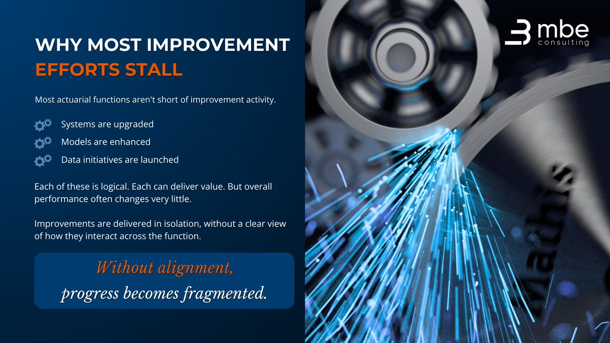 MBEIntl's tweet photo. Actuarial improvement isn't usually limited by effort.
🔹Systems improve
🔹Models evolve
🔹Data advances

But performance often stalls. Why? Because performance depends on how these parts work together, not individually.

Read more in our latest blog post: https://t.co/7msrz6rXoi https://t.co/5Q1EnVrizZ