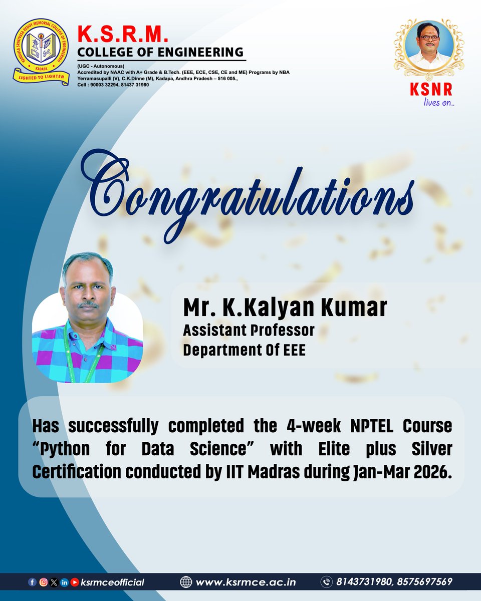 ksrmceofficial's tweet photo. Congratulations 
#ksrm #NPTEL #skillindia  #python #pythondatascience #ksrm #ksrmce #kandulagroups #engineering #kadapa https://t.co/Ph5aIhMoQR