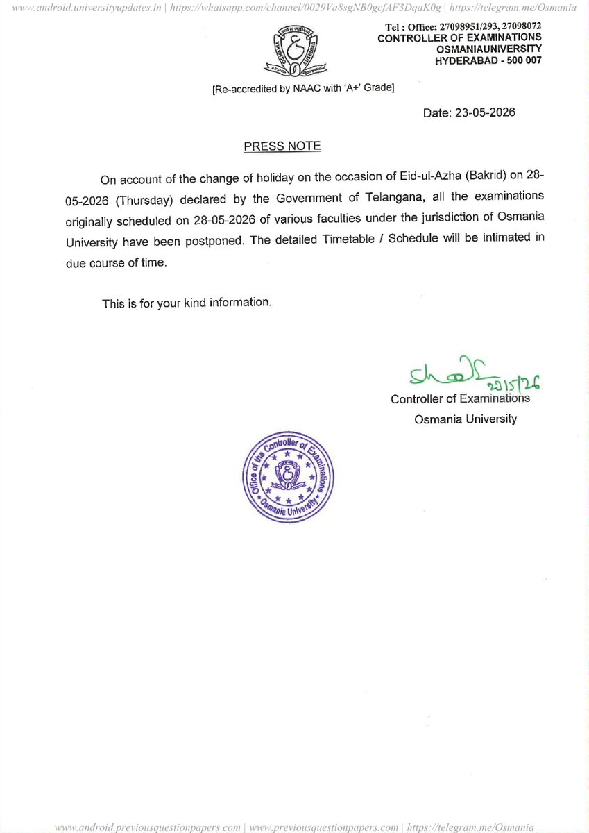 OU_Updates's tweet photo. Osmania University (OU) Circular regarding Postponement of All Examinations Scheduled on 28-05-2026 @ https://t.co/JiSvjxg2cY https://t.co/FxdfdcjSzc
