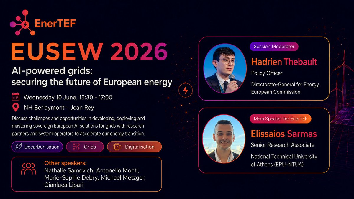 enertefeu's tweet photo. EnerTEF joins #EUSEW2026 for “AI-powered grids: securing the future of European energy” on 10 June, 

15:30–17:00, in Brussels &amp; online. Elissaios Sarmas, @DSS_Lab , will speak on AI, grids &amp; digitalisation. 

#EnerTEF #Energy https://t.co/IsWrnNYRlX