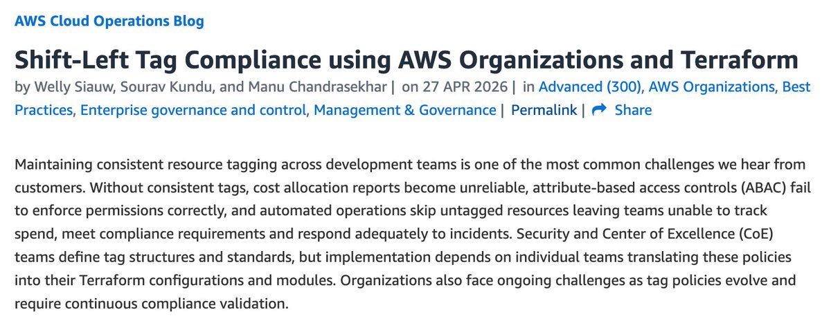 tpschmidt_'s tweet photo. Tag drift dies at plan time now! Terraform AWS Provider v6.22.0+ ships a flag that validates resources against AWS Organizations tag policies BEFORE a single API call goes out! 🎉

Seems minor, but personally, running multiple large AWS Organizations, this is huge! https://t.co/TQbkTV6h3Y