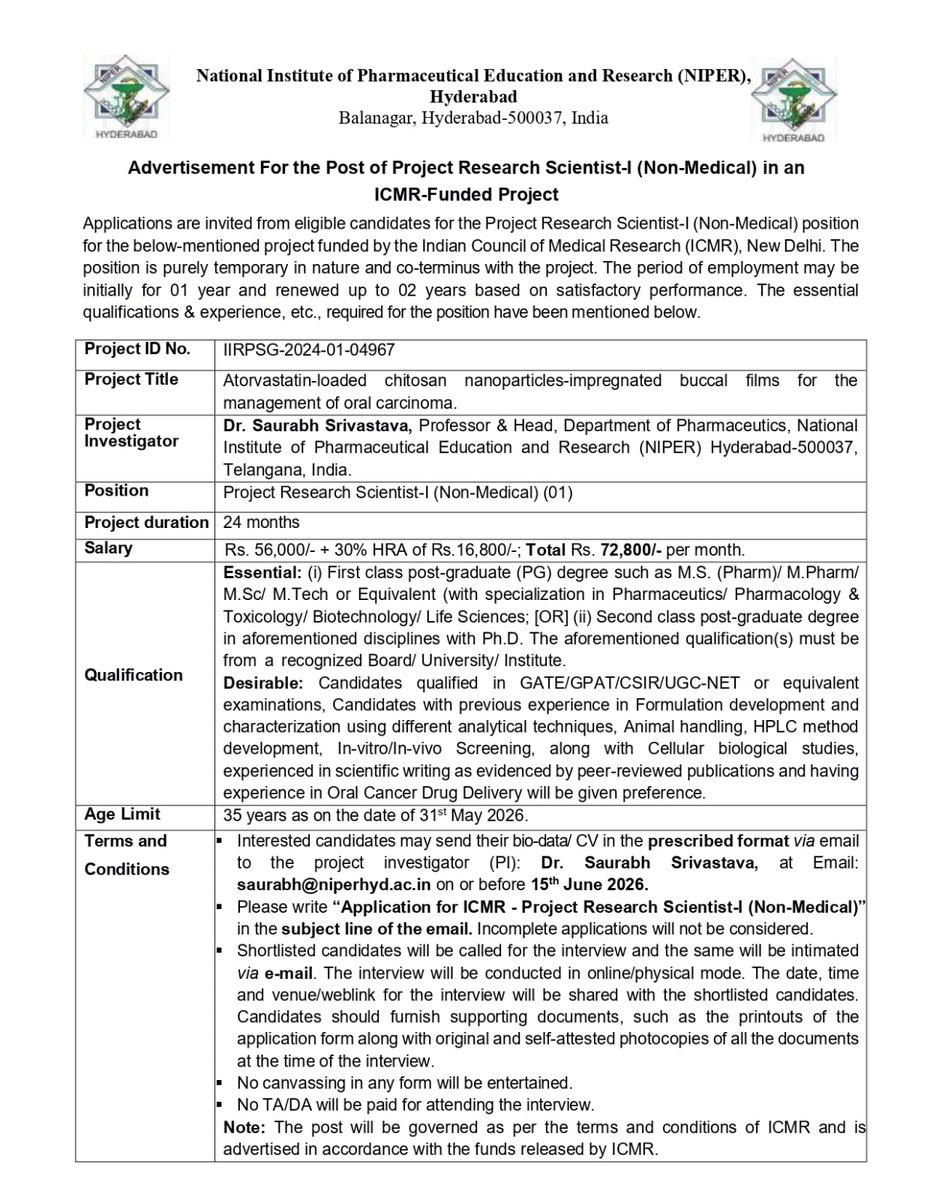 NIPERHyd's tweet photo. #NIPER_Hyderabad invites applications for #Project_Research_Scientist_I under an ICMR project. Salary ₹72,800/-month. Apply by June 15, 2026. 
#Job_opportunity #pharma_research
@Pharmadept https://t.co/S2Y8wMgV2b