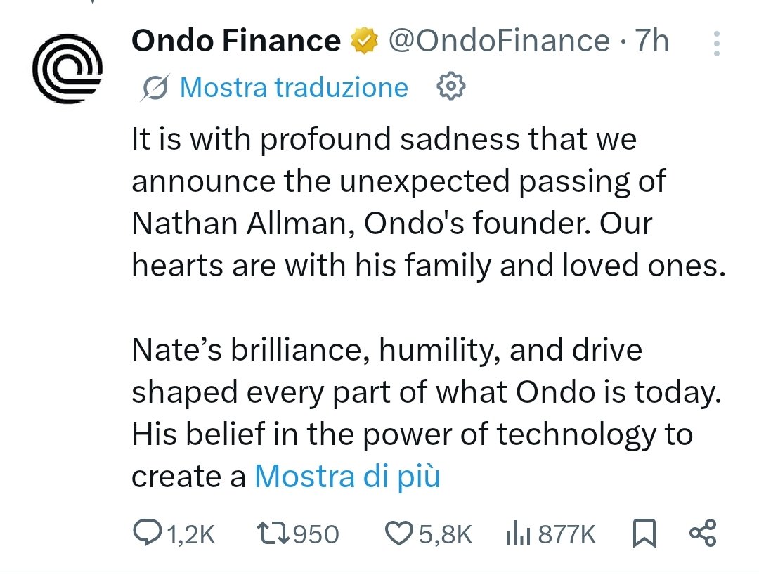 SiFa0404's tweet photo. ⚫NATHAN ALLMAN: LUTTO NEL MONDO CRYPTO⚫ 

#NathanAllman, fondatore e CEO di #OndoFinance, è morto improvvisamente.

La società ha detto che continuerà a costruire ciò che Allman aveva avviato, sottolineando la sua visione di un sistema finanziario più aperto e accessibile. https://t.co/CxHsF4caRD