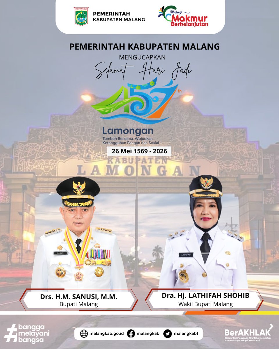 Malangkab1's tweet photo. 🎉 Selamat Hari Jadi ke-457 Kabupaten Lamongan 🎉

Semoga semangat “Tumbuh Bersama, Wujudkan Ketangguhan Pangan dan Sosial” terus membawa kemajuan yang inklusif. Mari terus pererat kolaborasi dan sinergi antardaerah demi Jatim yang semakin sejahtera! 🤝 https://t.co/HHj4nf4ZM5