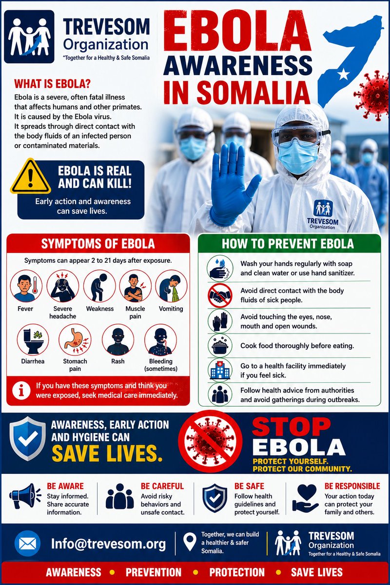 Trevesomorg's tweet photo. 🚨
Avoid non-essential travel to countries affected by Ebola outbreaks. Stay informed through official health authorities and follow safety guidance when traveling.
🧼 Wash your hands regularly
🚫 Avoid contact with sick individuals
✈️ Follow travel health advisories
@UKinSomalia https://t.co/u0BVIVsm9t