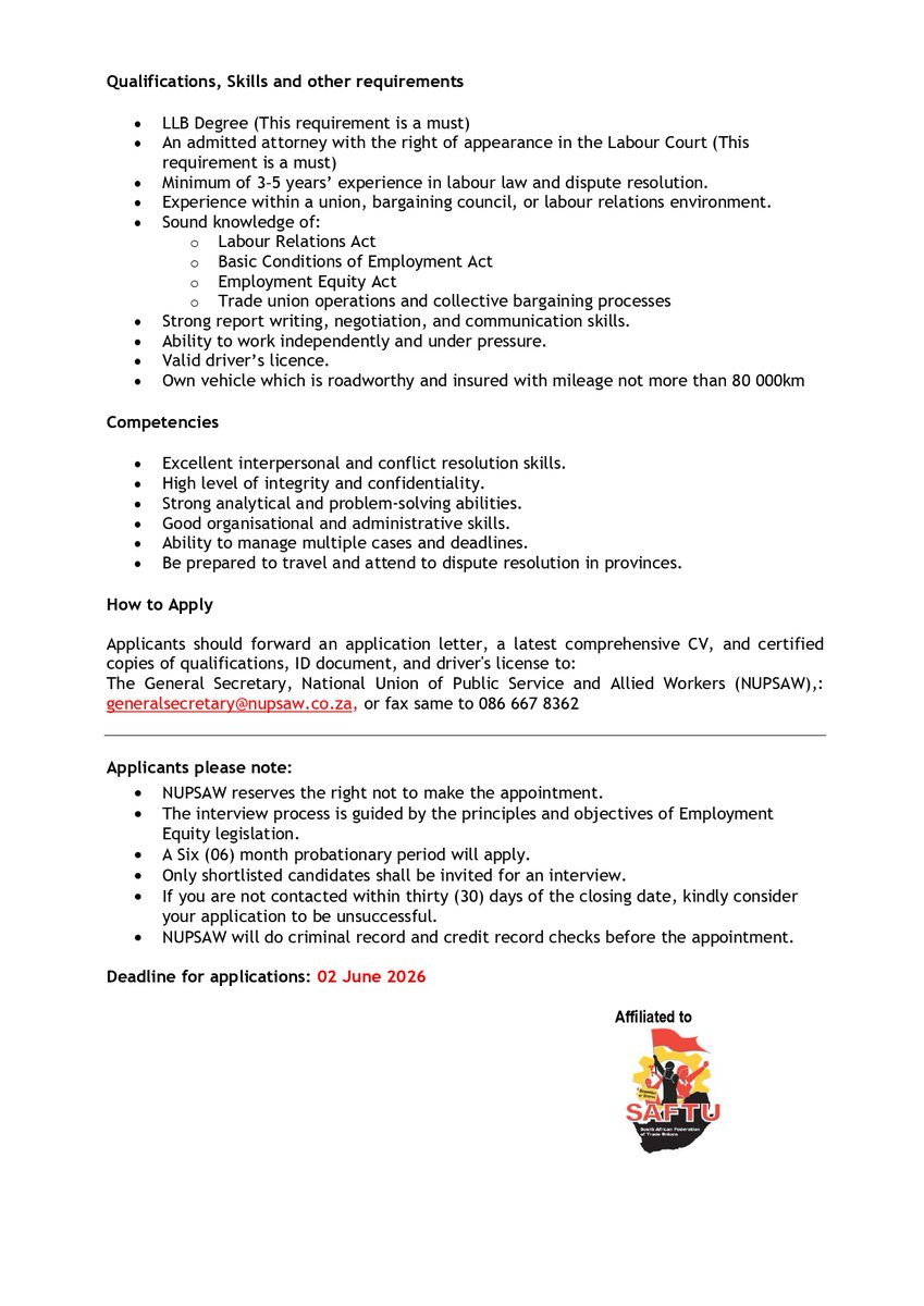 NUPSAW_National's tweet photo. We are Hiring, Legal Officer at NUPSAW Head Office (Pretoria)

@LegalCareersZA https://t.co/OfVEXP39jT