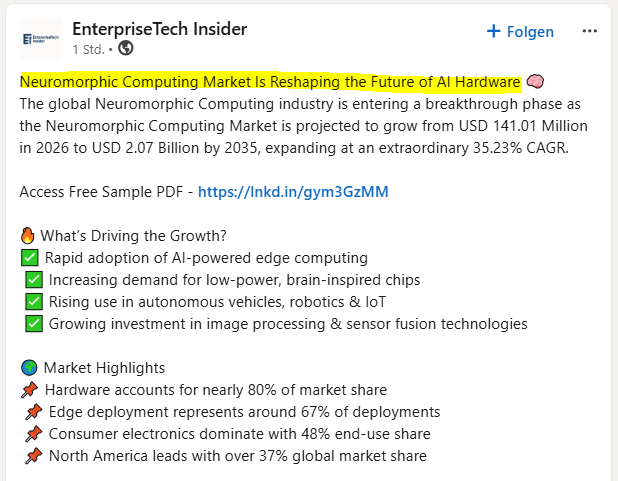 MIAM_Schwan's tweet photo. "The global neuromorphic computing industry is entering a breakthrough phase as the neuromorphic computing market is projected to grow from USD 141.01 million in 2026 to USD 2.07 billion by 2035, expanding at an extraordinary 35.23% CAGR."

@BrainChip_inc $BRN $BRCHF https://t.co/PNDWytKFDv