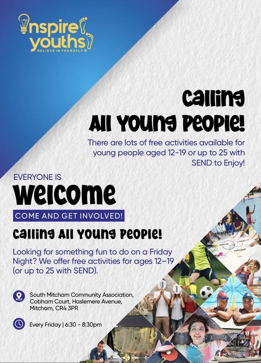 jo_million's tweet photo. Looking for something positive to do on a Friday evening? Come and join Inspire Youths for our FREE Friday night sessions — a safe, welcoming and relaxed space to have fun, meet new people, learn new skills and grow in confidence. 💙
🔥 What’s on offer? free activities and more https://t.co/FwZPS5Y32i