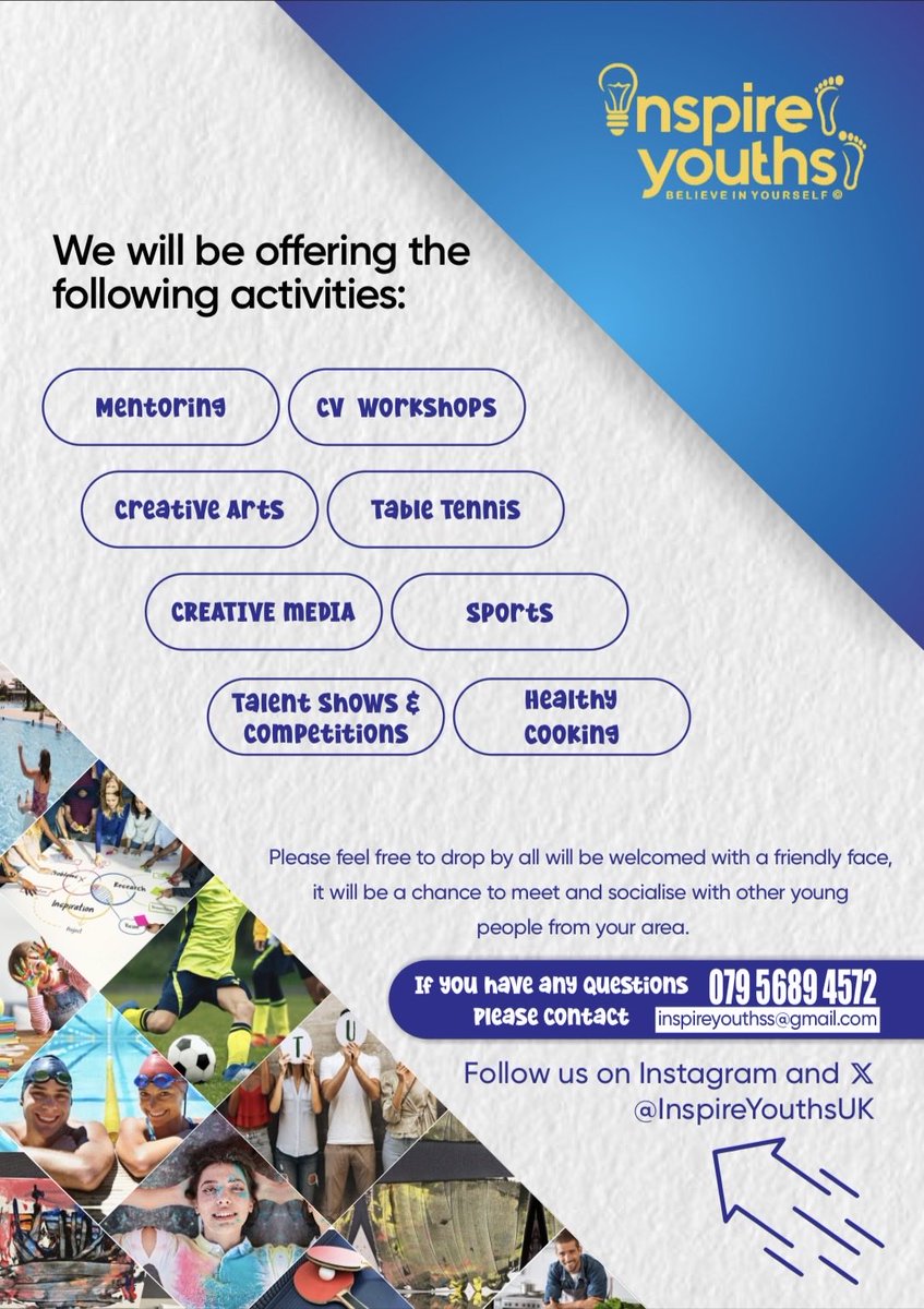 jo_million's tweet photo. Looking for something positive to do on a Friday evening? Come and join Inspire Youths for our FREE Friday night sessions — a safe, welcoming and relaxed space to have fun, meet new people, learn new skills and grow in confidence. 💙
🔥 What’s on offer? free activities and more https://t.co/FwZPS5Y32i