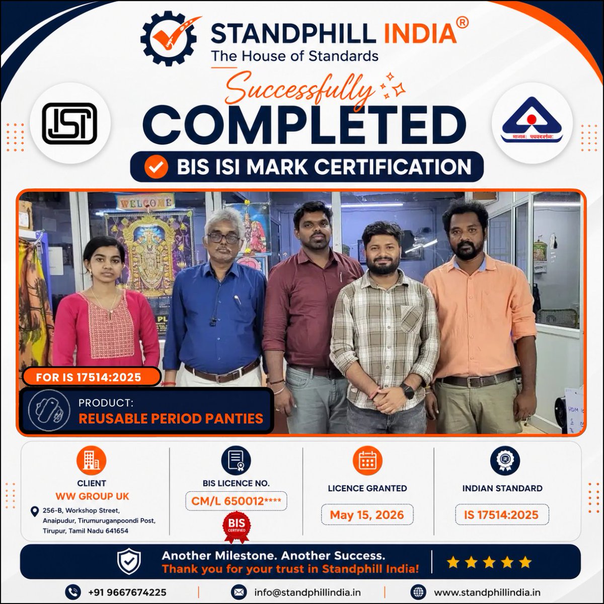 StandPhill's tweet photo. Successfully completed BIS ISI Mark Certification for Reusable Period Panties under IS 17514:2025. Congratulations to VW Group UK on this achievement.

Need BIS certification support? Connect with us;
Contact Us
+91-9667674225 , +91-8527930453
info@standphillindia.in
#bis https://t.co/UP3cv569wB