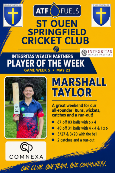 StOuenSpringCC's tweet photo. Our latest @IntegritasWP player of the week is all-rounder Marshall Taylor, who picksup the award for a 2nd time in 5 weeks. Great weekend Marsh! 🏏💛💙🏏 https://t.co/XJILkxBj1e