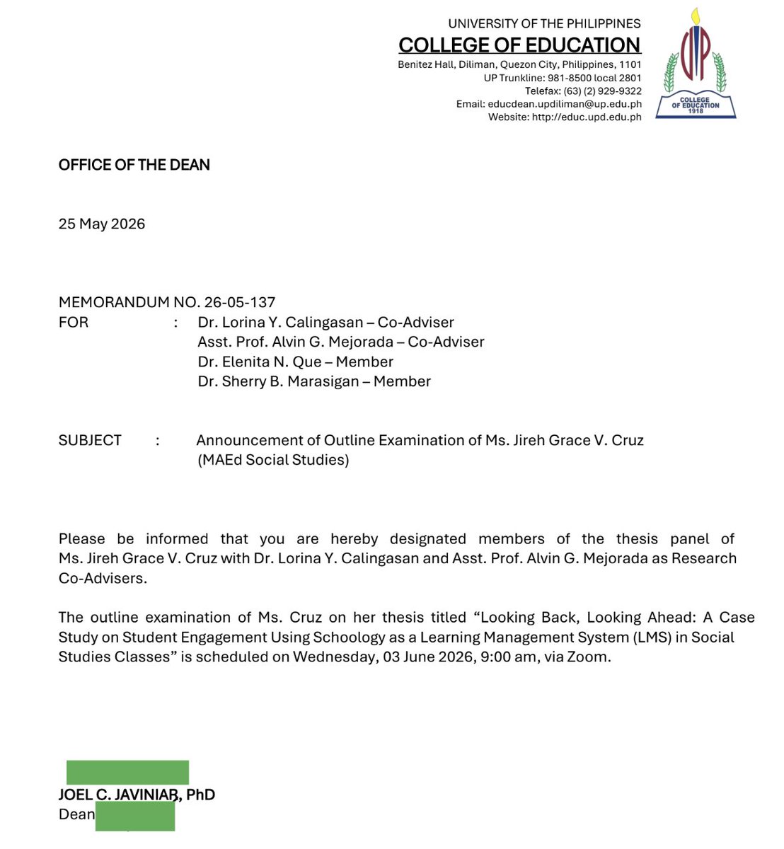 UPCollegeofEduc's tweet photo. Announcement of Outline Examination of Ms. Jireh Grace V. Cruz (MAEd Social Studies) https://t.co/QhnjMb0ixQ