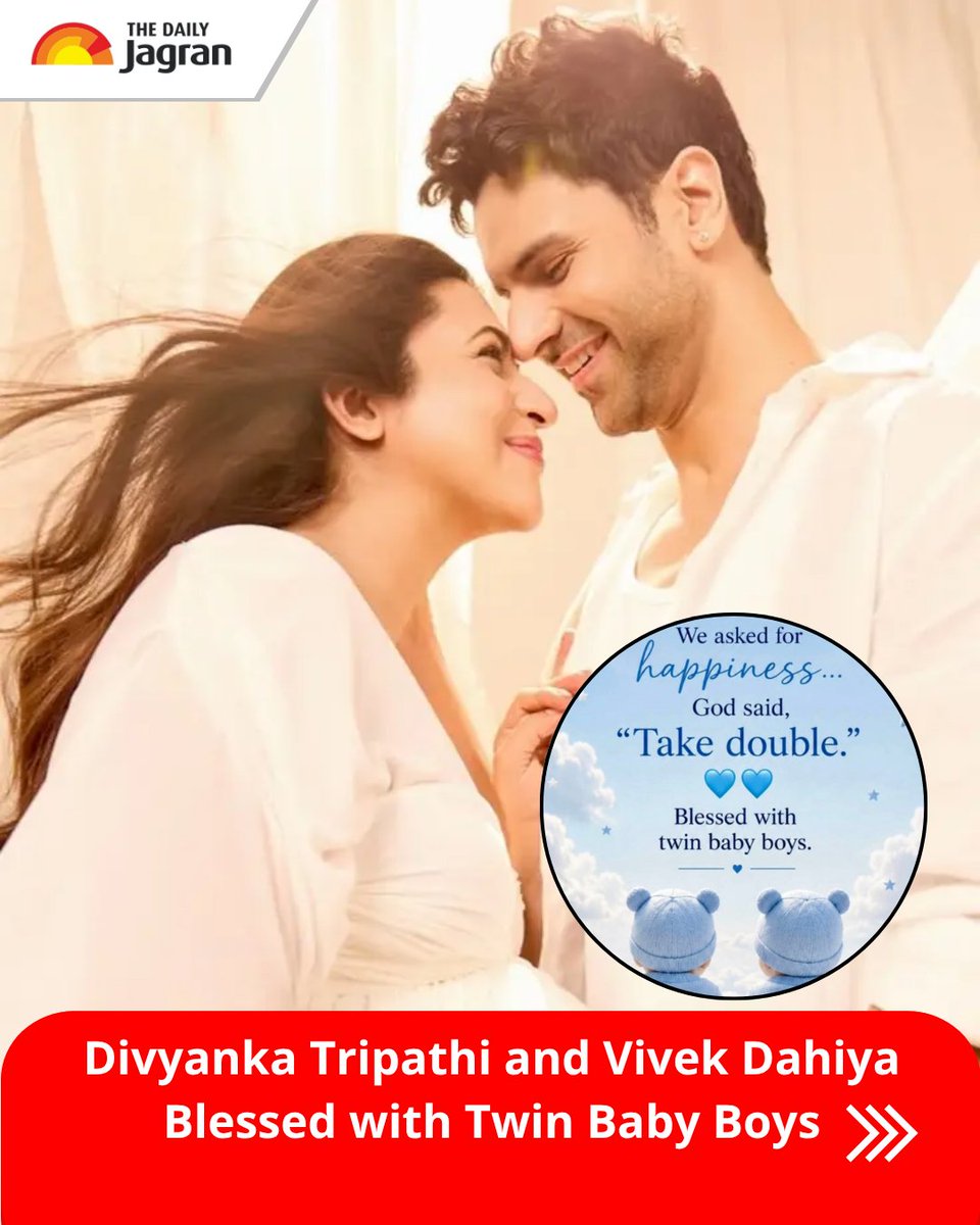TheDailyJagran's tweet photo. #Swipe | Divyanka Tripathi and Vivek Dahiya have officially embraced parenthood as the beloved television couple announced the arrival of their twin baby boys through an emotional Instagram post, sending fans and the entire “DiVek” fandom into celebration mode. 

Sharing the joyful news, the couple wrote, “The Boys are here and life already feels more beautiful than we ever imagined,” while Vivek added a filmy twist with “Mere Karan Arjun aa gaye,” making the adorable announcement even more memorable.