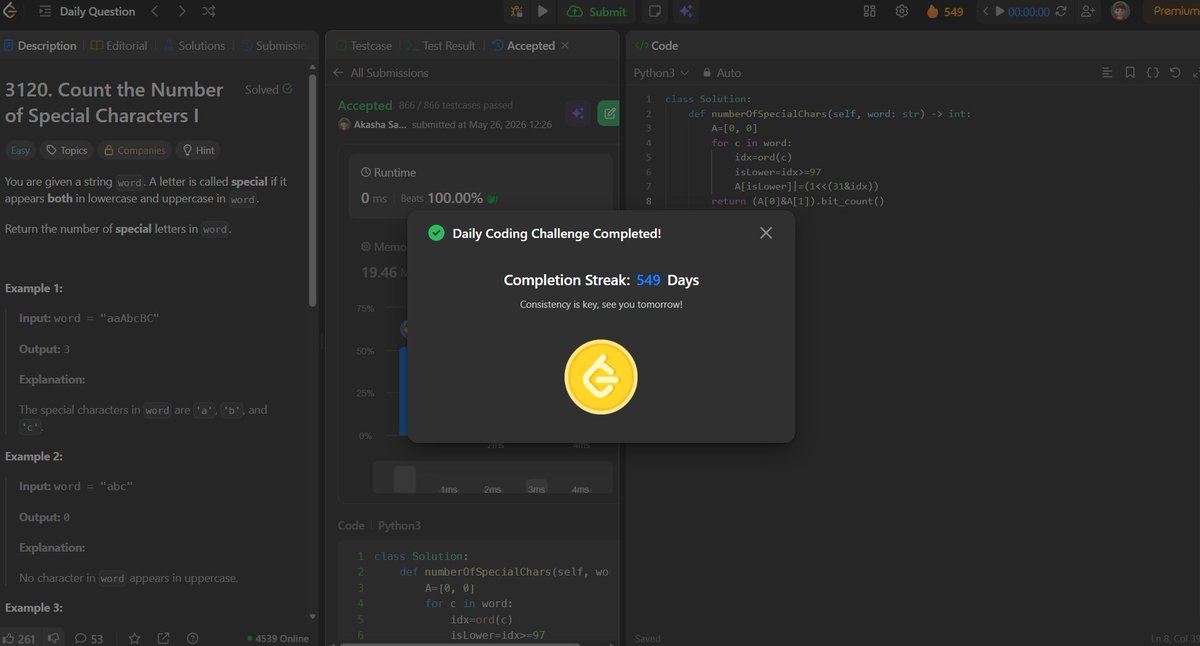 akashasahu07's tweet photo. Day - 549
Solved a string-based problem today 👨‍💻
Had to find characters that exist in both lowercase and uppercase forms inside the same word.
Simple logic, but a good reminder that sets can make string problems super clean and efficient ⚡
#1000DaysOfCode #LeetCode #DSA #Python https://t.co/30O4iG3EiJ
