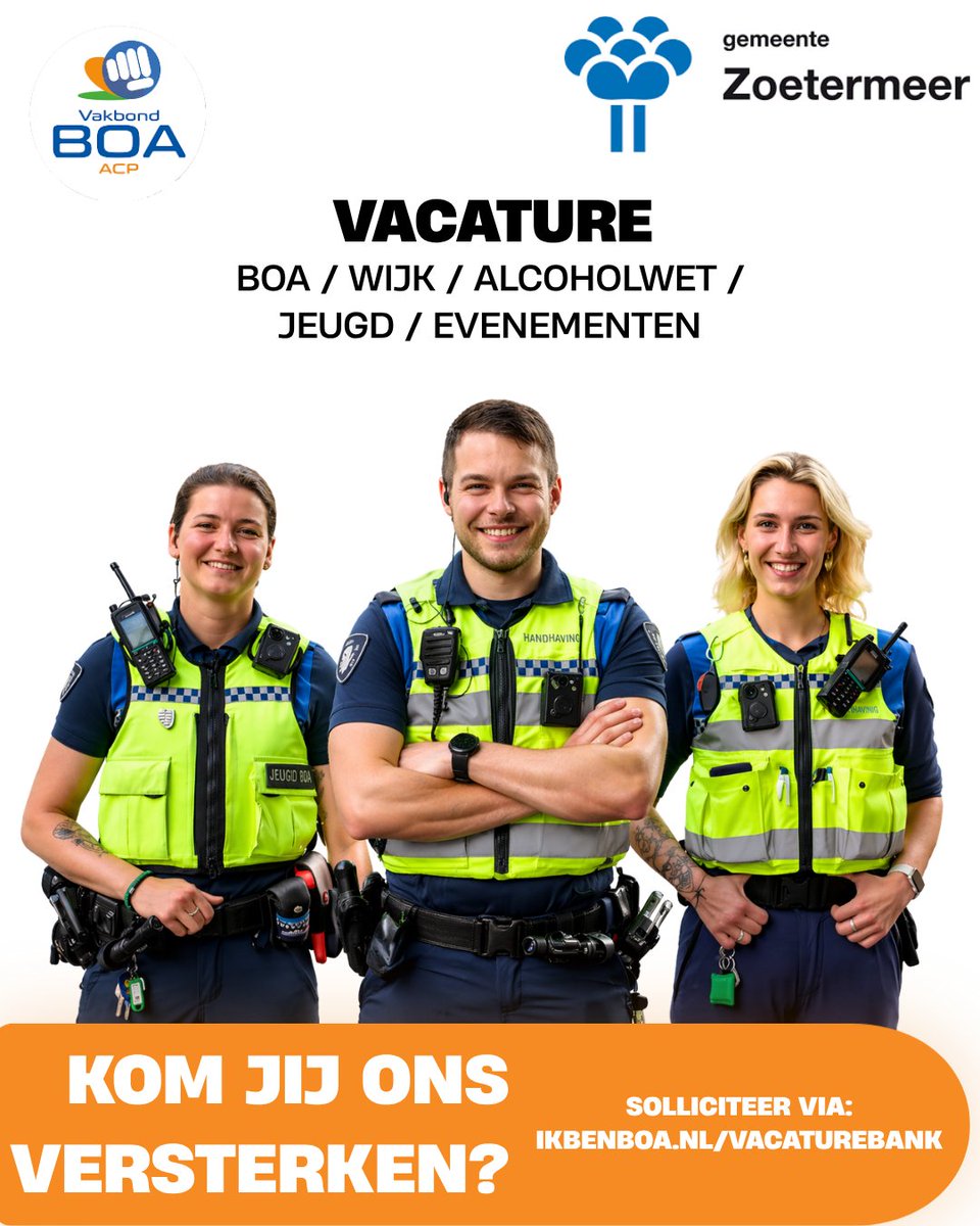 BoaAcp's tweet photo. VACATURE STAAT NOG OPEN:
Gemeente Zoetermeer is op zoek naar:
WIJK BOA/ALCOHOLWET/JEUGD/EVENEMENTEN

Nieuwsgierig of direct solliciteren?
 
Kijk op onze BOA Vacaturebank:
https://t.co/Q3XzDGmJIU

#boa #handhaving #zoetermeer #vacature https://t.co/x3Tn0sXWCu