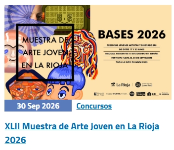 logronojoven's tweet photo. 🗣️XLII Muestra de Arte Joven en La Rioja 2026
⌛️Abierto hasta el próximo 30 de septiembre
✅Dirigido a artistas de nacionalidad española y personas extranjeras domiciliadas en España nacidas entre 1991 y 2009
🤑Se reparten 8000💶en premios
ℹ️https://t.co/q85ZquKI6I 
@irjjuventud https://t.co/a7Vxmihhog