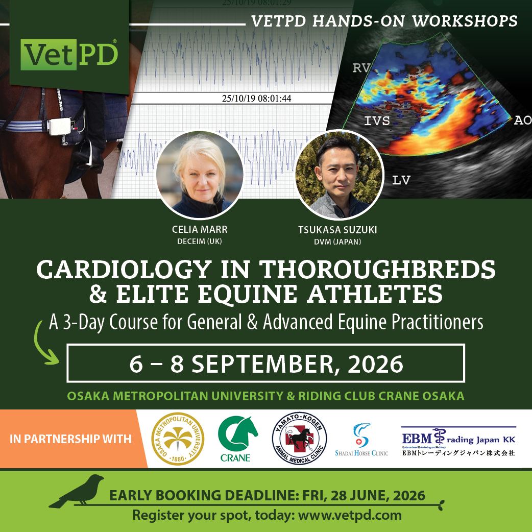 VetPD's tweet photo. Cardiology in Thoroughbreds &amp; Elite Equine Athletes 
Japan  |  Early booking deadline: 𝟮𝟴 𝗝𝘂𝗻𝗲 𝟮𝟬𝟮𝟲 
 
When performance, speed, and safety are on the line - the heart tells the real story.
Register here: https://t.co/paQyri2jk8 

#EquineVet #VetCE #VetCPD https://t.co/UUJ87v81EN