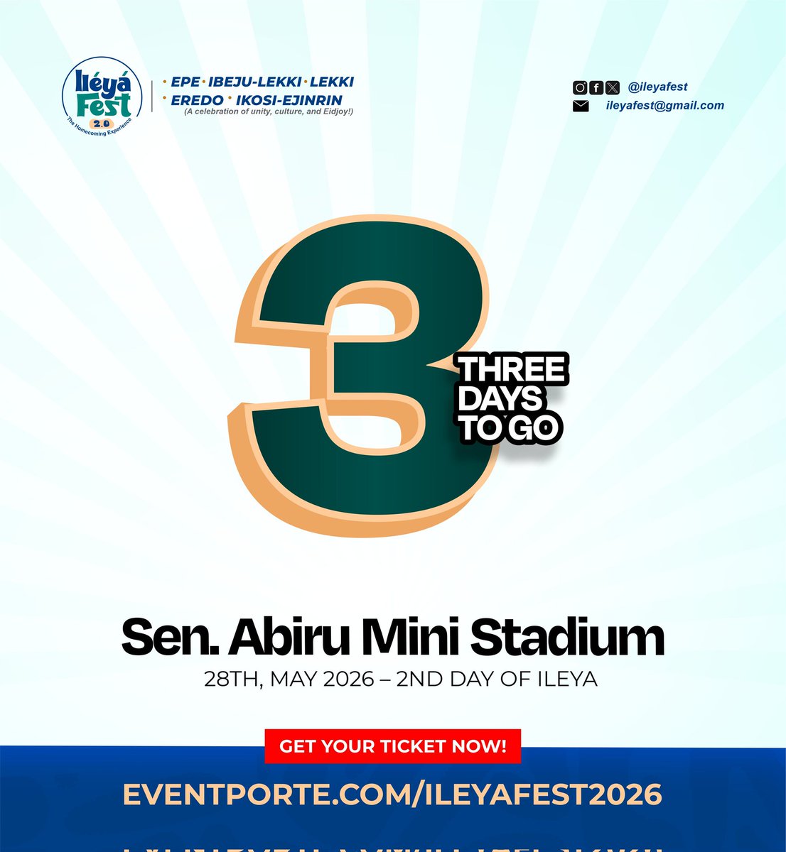 ileyafest's tweet photo. 3 Days To Go ⏳

The countdown is real! IleyaFest 2.0 is almost here 🔥

Culture, vibes, unity &amp; unforgettable moments await at Sen. Abiru Mini Stadium.

Get your ticket now 🎟️
https://t.co/VyqzUcSJPi

#IleyaFest2026 #3DaysToGo #HomecomingExperience https://t.co/cMoaCIrHGb