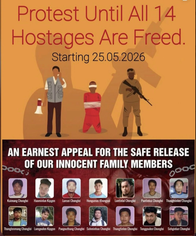 HaokipHamam's tweet photo. PROTEST FOR PEACE : Senapati, Manipur
Starting 25.05.2026, a peaceful sit-in demands the safe release of all 14 hostages. Families await their loved ones with hope and prayers. No harm, only unity &amp; justice. 
#manipur #kuki #northeast #senapati #saferelease https://t.co/nKUy7EETvy