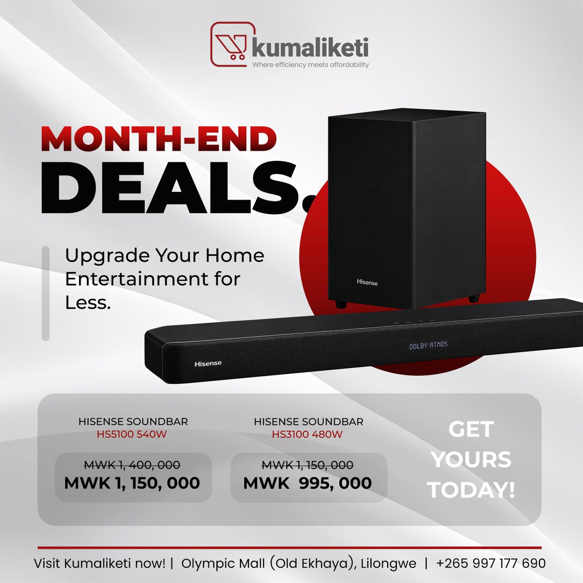 Kumaliketi_Mw's tweet photo. 🔊 SOUNDBAR PRICES DROPPED !!!

📍 Olympic Mall (Old Ekhaya), Lilongwe
📞 +265 997 177 690

Visit Kumaliketi https://t.co/V1xAfdErwR