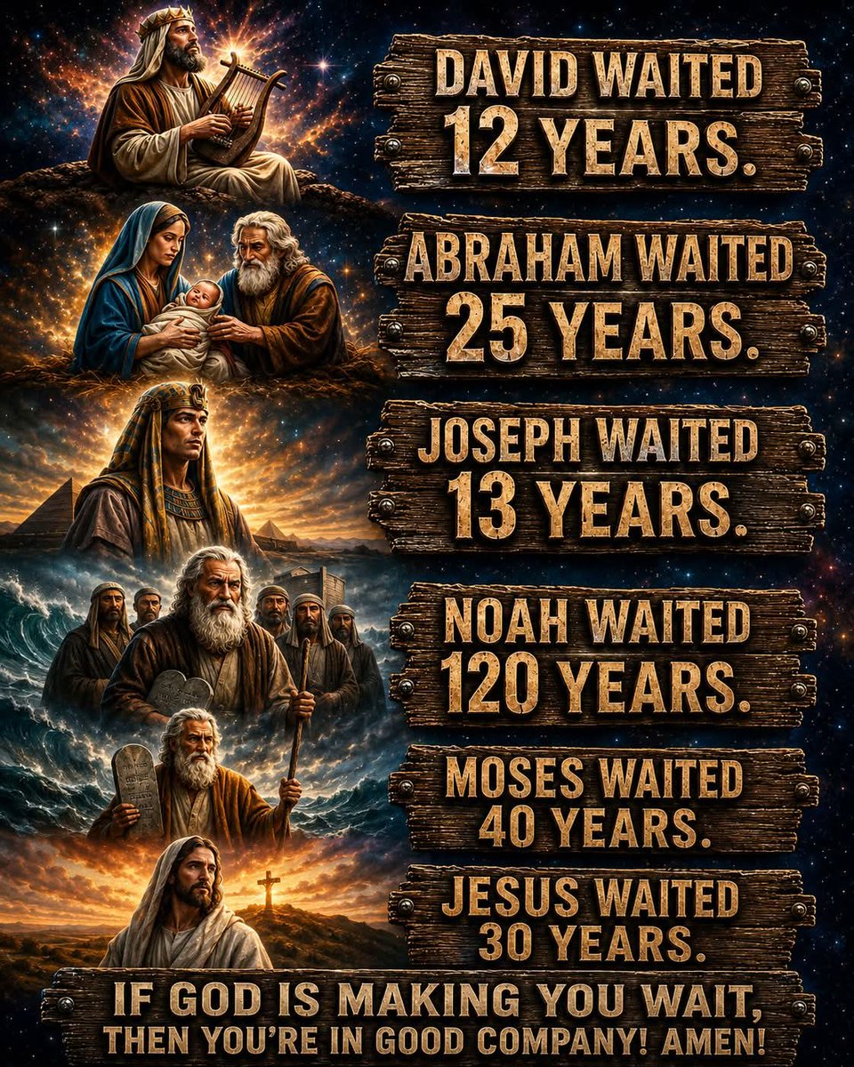TevinMacharia's tweet photo. The men and women God used greatly were often taught to wait.

David waited through years of trials before he sat on the throne. Though anointed, he still faced caves, enemies, and tears. Yet David said, “Wait on the LORD: be of good courage, and he shall strengthen thine heart.” (Psalm 27:14 KJV)

Abraham waited for the promised son when everything looked impossible. His body was old, Sarah was barren, but God’s promise never failed. “For all the promises of God in him are yea, and in him Amen.” (2 Corinthians 1:20 KJV)

Joseph waited in slavery and prison before the palace. The dream seemed delayed, but it was not denied. God was preparing him in secret.

Noah waited while building the ark in faith. Others mocked, but Noah obeyed.

Moses spent years in the wilderness before leading Israel.

And even Jesus waited thirty years before beginning His public ministry.

The lesson is this: God’s delays are not God’s denials.
When God makes you wait, He is building faith, patience, humility, and trust in Him.

The Bible says:

“But they that wait upon the LORD shall renew their strength; they shall mount up with wings as eagles; they shall run, and not be weary; and they shall walk, and not faint.” — Isaiah 40:31 KJV

If you are praying and still waiting… if you are hurting and still trusting… hold on.

God has not forgotten you.
He is never late.
His timing is perfect.

“To every thing there is a season, and a time to every purpose under the heaven.” (Ecclesiastes 3:1 KJV)

So keep praying.
Keep believing.
Keep obeying.

Because if God is making you wait, then He is also preparing something worth waiting for.

Amen.

#GetRightWithGod #theendisnear #TodayIsTheDayOfSalvation #RepentAndBelieveTheGospel #BeNotDeceived #Jesusiscoming