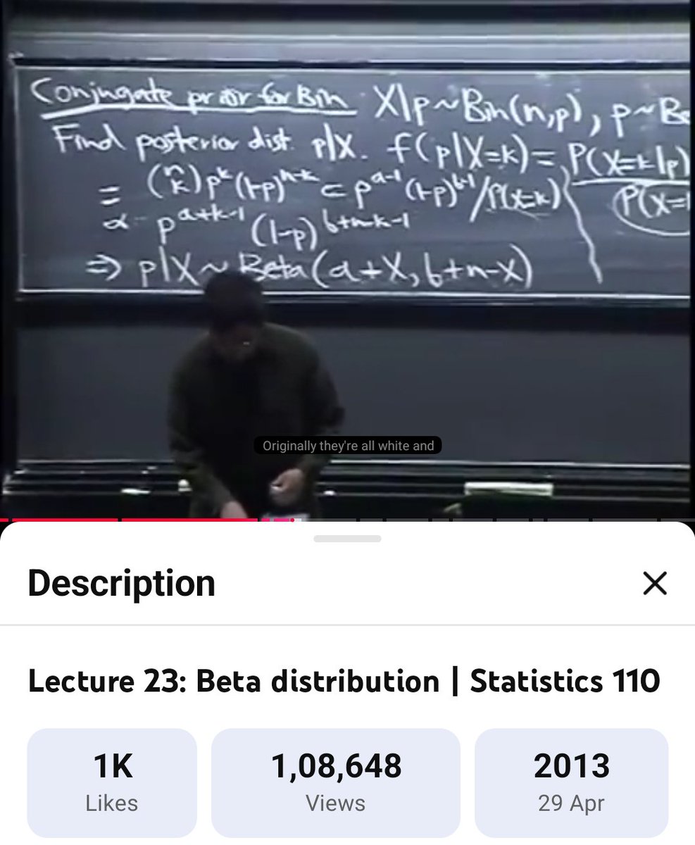 ParamSharm72289's tweet photo. #Day58 of my AI/ML & Quant journey
Harvard Stat 110,Lec 23:
🔹 Beta Distribution: Mastering this essential continuous distribution family defined on (0, 1)
🔹 Bayesian Inference: Updating subjective beliefs mathematically as data arrives
The absolute mathematical foundation✍️ https://t.co/WX7X6hXwAO