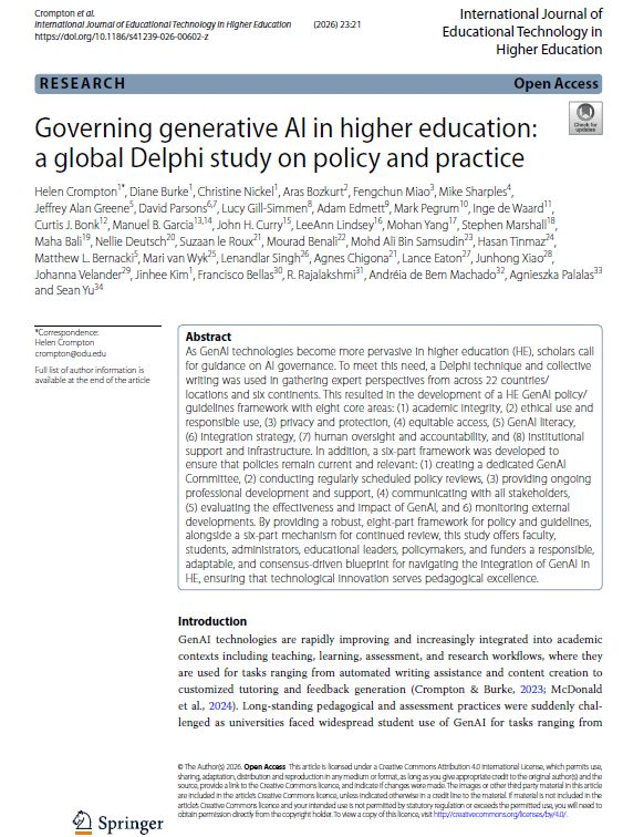 ETHEjournal's tweet photo. Governing generative #AI in higher education: a global Delphi study on policy + practice
https://t.co/5HlqckFbMm
By H. Crompton, @Bali_Maha D. Burke, Ch. Nickel, @arasbozkurt F. Miao, @sharplm J. Alan Greene, D. Parsons, L. Gill-Simmen, A. Edmett, M. Pegrum, I. de Waard et al https://t.co/essXzgaQzR