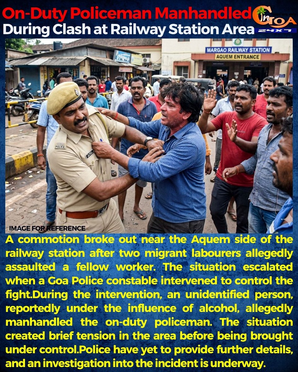 InGoa24x7's tweet photo. On-Duty Policeman Manhandled During Clash at Railway Station Area

#Goa #GoaNews #Policeman #Manhandled #Clash https://t.co/6TjqI9L9n2
