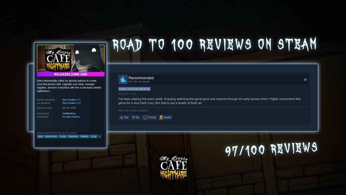 IvyJuiceGames's tweet photo. ⭐ 7 Days until Full Release
✏️ 97/100 Verified Steam Reviews

👻 My Little Cafe Nightmare on Steam: https://t.co/MTzAT4zCXB https://t.co/nRBZ0G8r5W