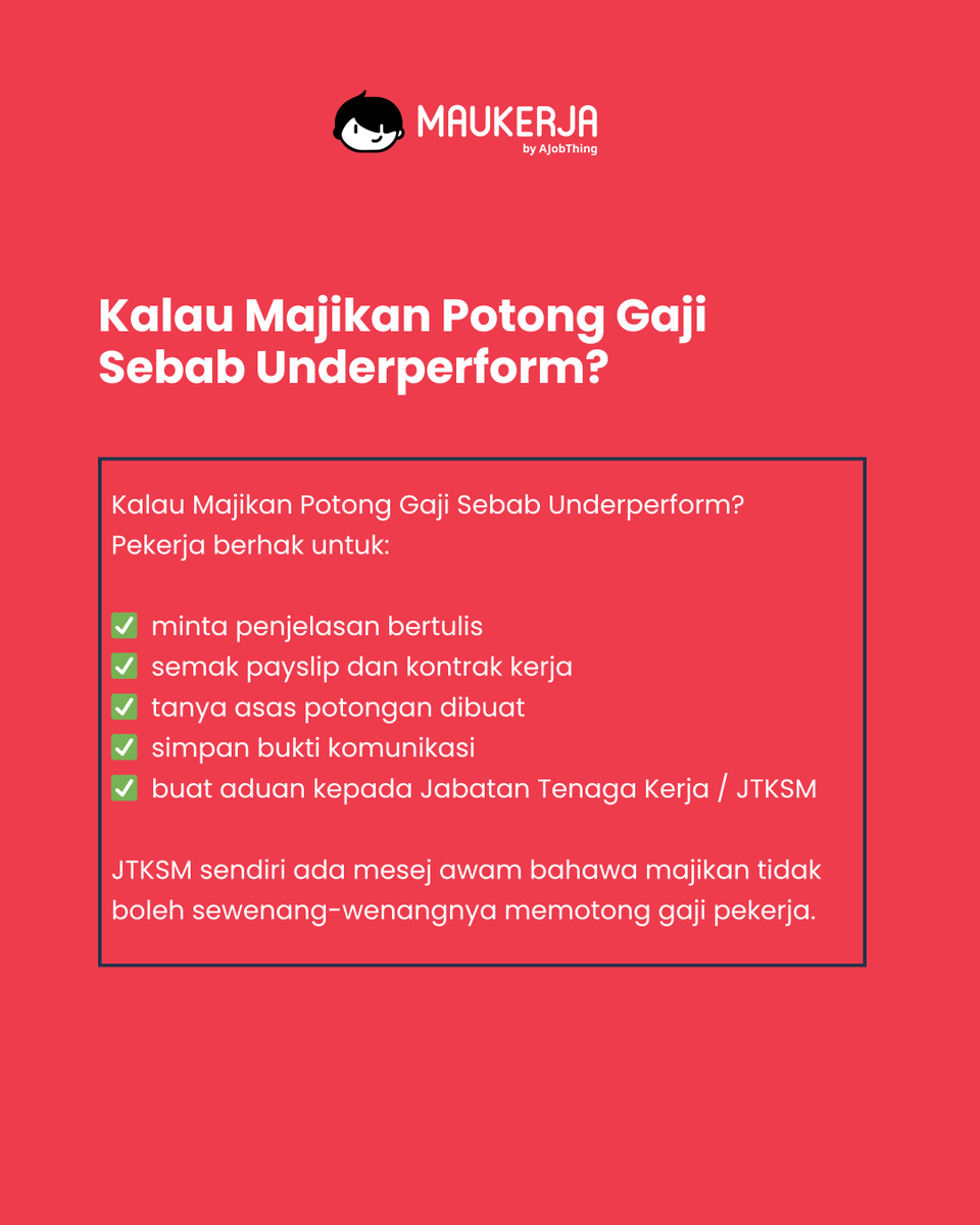 MauKerjaMY's tweet photo. Gaji ialah hak pekerja.

Kalau prestasi kerja kurang baik, majikan boleh ambil tindakan yang betul melalui proses HR.

Tapi potongan gaji tanpa asas yang sah boleh jadi isu undang-undang.

Simpan payslip. Simpan bukti. Tanya sebelum diam.

Masih belum ada resume? Jom buat disini: https://t.co/oUdCQF627e
