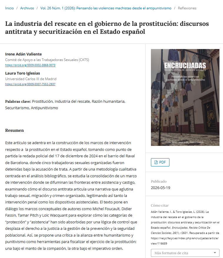 Encrucijadas's tweet photo. 🆕📢Publicamos en el último número una sugerente reflexión, de Irene Adán y Laura Toro,  que examinan críticamente las lógicas de control y los discursos institucionales que configuran los marcos de intervención respecto a la prostitución en España
🔗https://t.co/PAHcbmNR3w https://t.co/NtuKjc0gEU